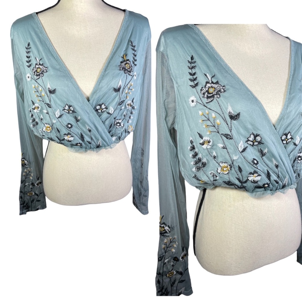 Xhiliration Plunging V Neck Teal Floral Crop Top Long Sleeve Sz Large